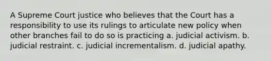 A Supreme Court justice who believes that the Court has a responsibility to use its rulings to articulate new policy when other branches fail to do so is practicing a. judicial activism. b. judicial restraint. c. judicial incrementalism. d. judicial apathy.