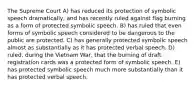 The Supreme Court A) has reduced its protection of symbolic speech dramatically, and has recently ruled against flag burning as a form of protected symbolic speech. B) has ruled that even forms of symbolic speech considered to be dangerous to the public are protected. C) has generally protected symbolic speech almost as substantially as it has protected verbal speech. D) ruled, during the Vietnam War, that the burning of draft registration cards was a protected form of symbolic speech. E) has protected symbolic speech much more substantially than it has protected verbal speech.