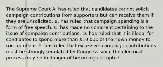 The Supreme Court A. has ruled that candidates cannot solicit campaign contributions from supporters but can receive them if they are unsolicited. B. has ruled that campaign spending is a form of free speech. C. has made no comment pertaining to the issue of campaign contributions. D. has ruled that it is illegal for candidates to spend more than 10,000 of their own money to run for office. E. has ruled that excessive campaign contributions must be strongly regulated by Congress since the electoral process may be in danger of becoming corrupted.