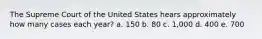 The Supreme Court of the United States hears approximately how many cases each year? a. 150 b. 80 c. 1,000 d. 400 e. 700