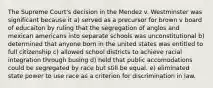 The Supreme Court's decision in the Mendez v. Westminster was significant because it a) served as a precursor for brown v board of educaiton by ruling that the segregation of anglos and mexican americans into separate schools was unconstitutional b) determined that anyone born in the united states was entitled to full citizenship c) allowed school districts to achieve racial integration through busing d) held that public accomodations could be segregated by race but still be equal. e) eliminated state power to use race as a criterion for discrimination in law.