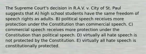 The Supreme Court's decision in R.A.V. v. City of St. Paul suggests that A) high school students have the same freedom of speech rights as adults. B) political speech receives more protection under the Constitution than commercial speech. C) commercial speech receives more protection under the Constitution than political speech. D) virtually all hate speech is not protected by the Constitution. E) virtually all hate speech is constitutionally protected.