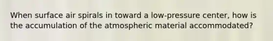 When surface air spirals in toward a low-pressure center, how is the accumulation of the atmospheric material accommodated?