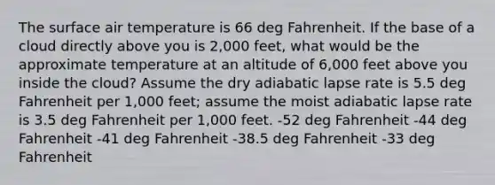 The surface air temperature is 66 deg Fahrenheit. If the base of a cloud directly above you is 2,000 feet, what would be the approximate temperature at an altitude of 6,000 feet above you inside the cloud? Assume the dry adiabatic lapse rate is 5.5 deg Fahrenheit per 1,000 feet; assume the moist adiabatic lapse rate is 3.5 deg Fahrenheit per 1,000 feet. -52 deg Fahrenheit -44 deg Fahrenheit -41 deg Fahrenheit -38.5 deg Fahrenheit -33 deg Fahrenheit