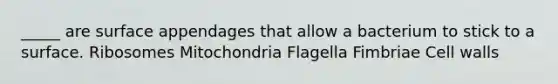 _____ are surface appendages that allow a bacterium to stick to a surface. Ribosomes Mitochondria Flagella Fimbriae Cell walls