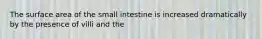 The surface area of the small intestine is increased dramatically by the presence of villi and the