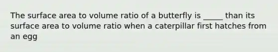 The surface area to volume ratio of a butterfly is _____ than its surface area to volume ratio when a caterpillar first hatches from an egg