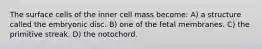 The surface cells of the inner cell mass become: A) a structure called the embryonic disc. B) one of the fetal membranes. C) the primitive streak. D) the notochord.