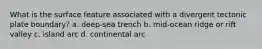 What is the surface feature associated with a divergent tectonic plate boundary? a. deep-sea trench b. mid-ocean ridge or rift valley c. island arc d. continental arc
