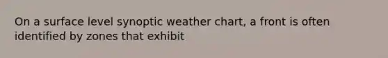 On a surface level synoptic weather chart, a front is often identified by zones that exhibit