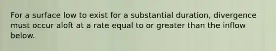 For a surface low to exist for a substantial duration, divergence must occur aloft at a rate equal to or greater than the inflow below.