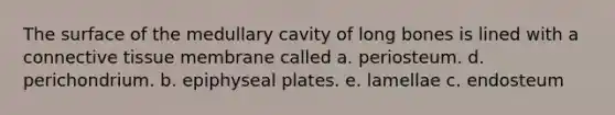 The surface of the medullary cavity of long bones is lined with a connective tissue membrane called a. periosteum. d. perichondrium. b. epiphyseal plates. e. lamellae c. endosteum