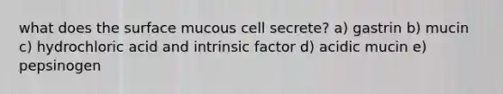 what does the surface mucous cell secrete? a) gastrin b) mucin c) hydrochloric acid and intrinsic factor d) acidic mucin e) pepsinogen