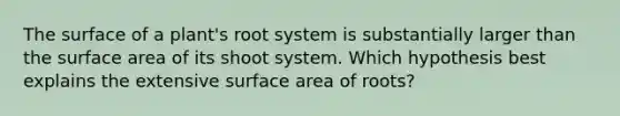 The surface of a plant's root system is substantially larger than the surface area of its shoot system. Which hypothesis best explains the extensive surface area of roots?