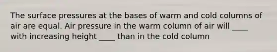 The surface pressures at the bases of warm and cold columns of air are equal. Air pressure in the warm column of air will ____ with increasing height ____ than in the cold column