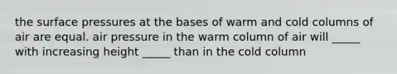 the surface pressures at the bases of warm and cold columns of air are equal. air pressure in the warm column of air will _____ with increasing height _____ than in the cold column