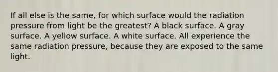 If all else is the same, for which surface would the radiation pressure from light be the greatest? A black surface. A gray surface. A yellow surface. A white surface. All experience the same radiation pressure, because they are exposed to the same light.