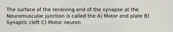 The surface of the receiving end of the synapse at the Neuromuscular junction is called the A) Motor end plate B) Synaptic cleft C) Motor neuron