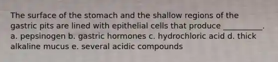 The surface of the stomach and the shallow regions of the gastric pits are lined with epithelial cells that produce __________. a. pepsinogen b. gastric hormones c. hydrochloric acid d. thick alkaline mucus e. several acidic compounds