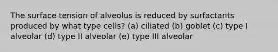 The surface tension of alveolus is reduced by surfactants produced by what type cells? (a) ciliated (b) goblet (c) type I alveolar (d) type II alveolar (e) type III alveolar