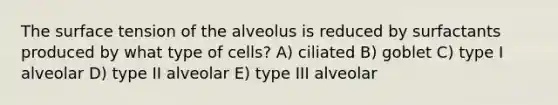 The surface tension of the alveolus is reduced by surfactants produced by what type of cells? A) ciliated B) goblet C) type I alveolar D) type II alveolar E) type III alveolar