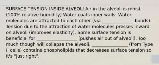 SURFACE TENSION INSIDE ALVEOLI Air in the alveoli is moist (100% relative humidity) Water coats inner walls. Water molecules are attracted to each other (via ______________ bonds). Tension due to the attraction of water molecules presses inward on alveoli (improves elasticity). Some surface tension is beneficial for __________________ (pushes air out of alveoli). Too much though will collapse the alveoli. ________________ (from Type II cells) contains phospholipids that decreases surface tension so it's "just right".