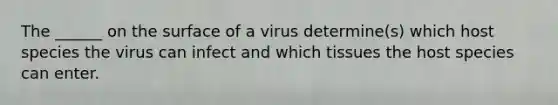 The ______ on the surface of a virus determine(s) which host species the virus can infect and which tissues the host species can enter.