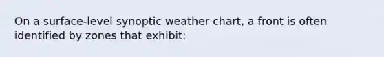 On a surface-level synoptic weather chart, a front is often identified by zones that exhibit: