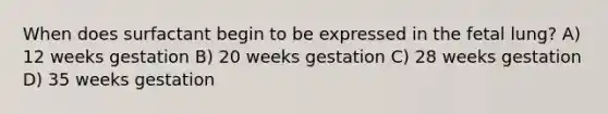 When does surfactant begin to be expressed in the fetal lung? A) 12 weeks gestation B) 20 weeks gestation C) 28 weeks gestation D) 35 weeks gestation