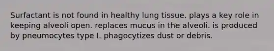 Surfactant is not found in healthy lung tissue. plays a key role in keeping alveoli open. replaces mucus in the alveoli. is produced by pneumocytes type I. phagocytizes dust or debris.