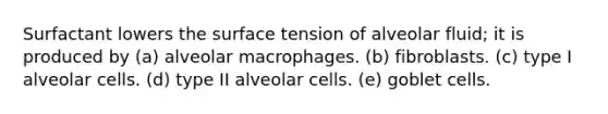 Surfactant lowers the surface tension of alveolar fluid; it is produced by (a) alveolar macrophages. (b) fibroblasts. (c) type I alveolar cells. (d) type II alveolar cells. (e) goblet cells.