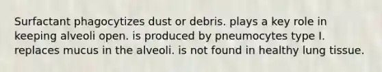 Surfactant phagocytizes dust or debris. plays a key role in keeping alveoli open. is produced by pneumocytes type I. replaces mucus in the alveoli. is not found in healthy lung tissue.