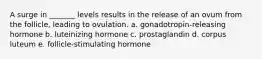 A surge in _______ levels results in the release of an ovum from the follicle, leading to ovulation. a. gonadotropin-releasing hormone b. luteinizing hormone c. prostaglandin d. corpus luteum e. follicle-stimulating hormone