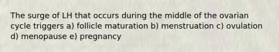 The surge of LH that occurs during the middle of the ovarian cycle triggers a) follicle maturation b) menstruation c) ovulation d) menopause e) pregnancy