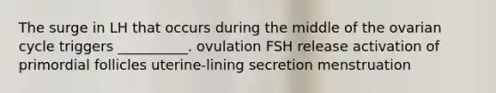 The surge in LH that occurs during the middle of the ovarian cycle triggers __________. ovulation FSH release activation of primordial follicles uterine-lining secretion menstruation