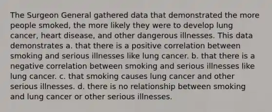 The Surgeon General gathered data that demonstrated the more people smoked, the more likely they were to develop lung cancer, heart disease, and other dangerous illnesses. This data demonstrates a. that there is a positive correlation between smoking and serious illnesses like lung cancer. b. that there is a negative correlation between smoking and serious illnesses like lung cancer. c. that smoking causes lung cancer and other serious illnesses. d. there is no relationship between smoking and lung cancer or other serious illnesses.