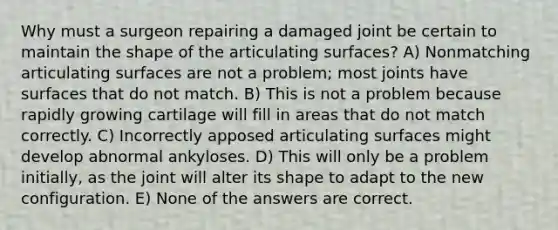 Why must a surgeon repairing a damaged joint be certain to maintain the shape of the articulating surfaces? A) Nonmatching articulating surfaces are not a problem; most joints have surfaces that do not match. B) This is not a problem because rapidly growing cartilage will fill in areas that do not match correctly. C) Incorrectly apposed articulating surfaces might develop abnormal ankyloses. D) This will only be a problem initially, as the joint will alter its shape to adapt to the new configuration. E) None of the answers are correct.