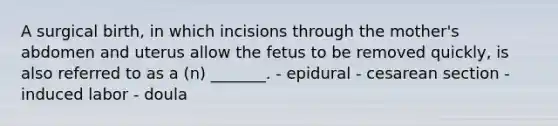 A surgical birth, in which incisions through the mother's abdomen and uterus allow the fetus to be removed quickly, is also referred to as a (n) _______. - epidural - cesarean section - induced labor - doula