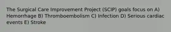 The Surgical Care Improvement Project (SCIP) goals focus on A) Hemorrhage B) Thromboembolism C) Infection D) Serious cardiac events E) Stroke