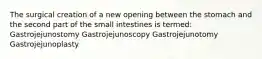 The surgical creation of a new opening between the stomach and the second part of the small intestines is termed: Gastrojejunostomy Gastrojejunoscopy Gastrojejunotomy Gastrojejunoplasty