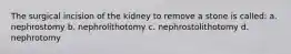 The surgical incision of the kidney to remove a stone is called: a. nephrostomy b. nephrolithotomy c. nephrostolithotomy d. nephrotomy