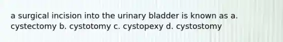 a surgical incision into the urinary bladder is known as a. cystectomy b. cystotomy c. cystopexy d. cystostomy