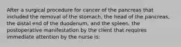 After a surgical procedure for cancer of the pancreas that included the removal of the stomach, the head of the pancreas, the distal end of the duodenum, and the spleen, the postoperative manifestation by the client that requires immediate attention by the nurse is: