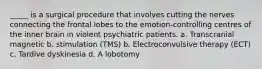 _____ is a surgical procedure that involves cutting the nerves connecting the frontal lobes to the emotion-controlling centres of the inner brain in violent psychiatric patients. a. Transcranial magnetic b. stimulation (TMS) b. Electroconvulsive therapy (ECT) c. Tardive dyskinesia d. A lobotomy