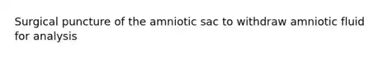 Surgical puncture of the amniotic sac to withdraw amniotic fluid for analysis