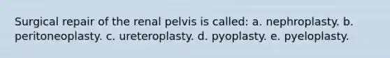 Surgical repair of the renal pelvis is called: a. nephroplasty. b. peritoneoplasty. c. ureteroplasty. d. pyoplasty. e. pyeloplasty.