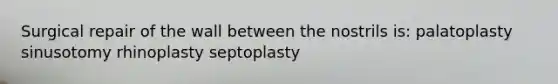 Surgical repair of the wall between the nostrils is: palatoplasty sinusotomy rhinoplasty septoplasty