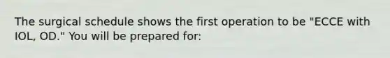 The surgical schedule shows the first operation to be "ECCE with IOL, OD." You will be prepared for: