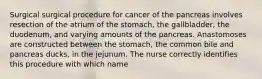 Surgical surgical procedure for cancer of the pancreas involves resection of the atrium of the stomach, the gallbladder, the duodenum, and varying amounts of the pancreas. Anastomoses are constructed between the stomach, the common bile and pancreas ducks, in the jejunum. The nurse correctly identifies this procedure with which name