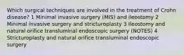 Which surgical techniques are involved in the treatment of Crohn disease? 1 Minimal invasive surgery (MIS) and ileostomy 2 Minimal invasive surgery and stricturoplasty 3 Ileostomy and natural orifice transluminal endoscopic surgery (NOTES) 4 Stricturoplasty and natural orifice transluminal endoscopic surgery